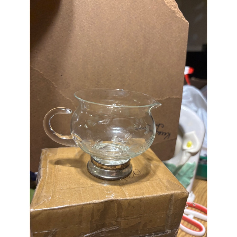Vintage Etched Glass Creamer Pitcher with Weighted Sterling Silver Base Wheat